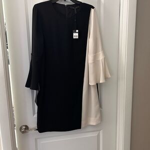 BCBGMaxAzria Black and Cream Cocktail Sheath Dress with 3/4 Bell Sleeves